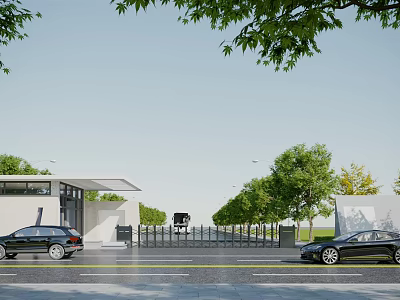 Modern Main Entrance Gate With Black Cars Trees And White Building 3d model