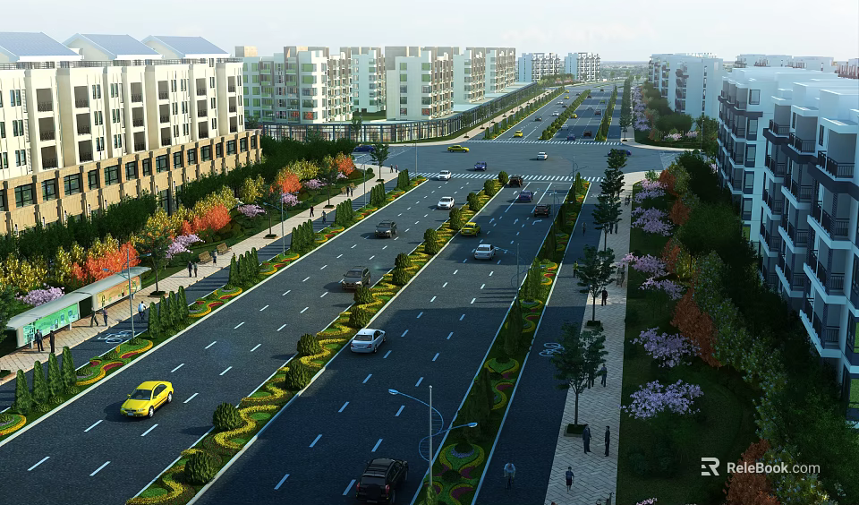 Urban Road Infrastructure With Traffic Lanes Green Belts Street Lamps And Sidewalks 3d model 