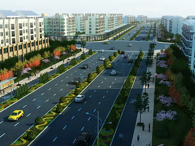 Urban Road Infrastructure With Traffic Lanes Green Belts Street Lamps And Sidewalks 3d model