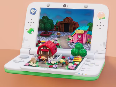 Portable Nintendo 3DS Gaming Entertainment Device Featuring Animal Crossing Game Scene And Miniature Models 3d model