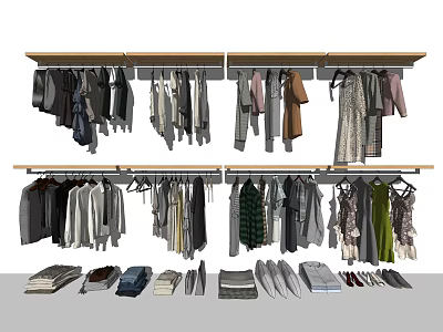 Multiple Wooden Clothes Hangers With Various Clothing Items And Folded Garments 3d model
