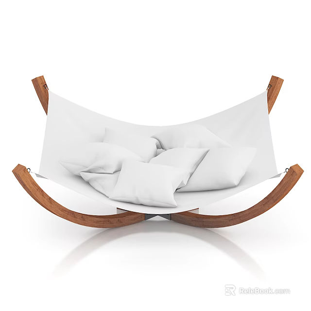 Comfortable Hammock Lounge Chair With Curved Wooden Frame White Cushions And Soft Pillows 3d model 