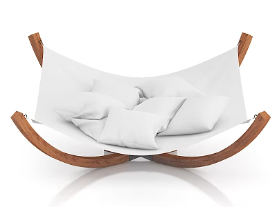 Comfortable Hammock Lounge Chair With Curved Wooden Frame White Cushions And Soft Pillows 3d model
