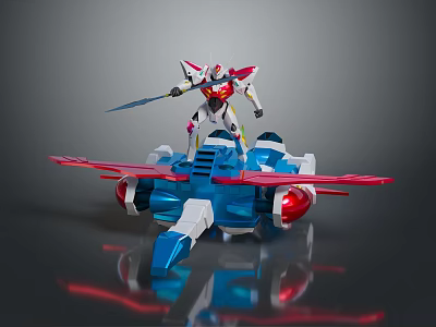 Game Movie Robot Character On Blue Red Flying Vehicle With White Silver Armor Red Wings 3d model
