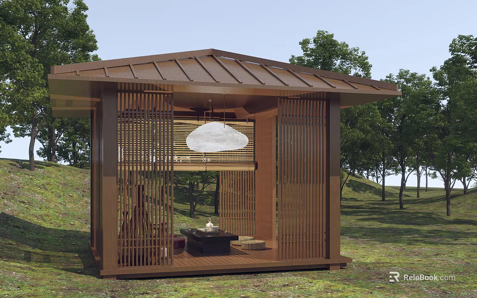 Serene Wooden Garden Pavilion With Lattice Design Roof Tea Set And Cushions Among Trees 3d model 