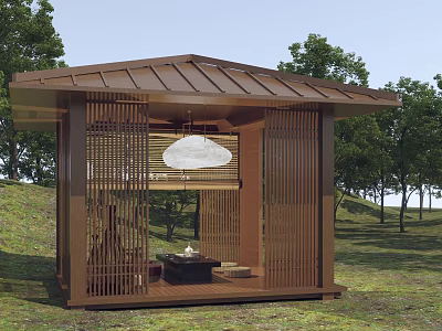 Serene Wooden Garden Pavilion With Lattice Design Roof Tea Set And Cushions Among Trees 3d model