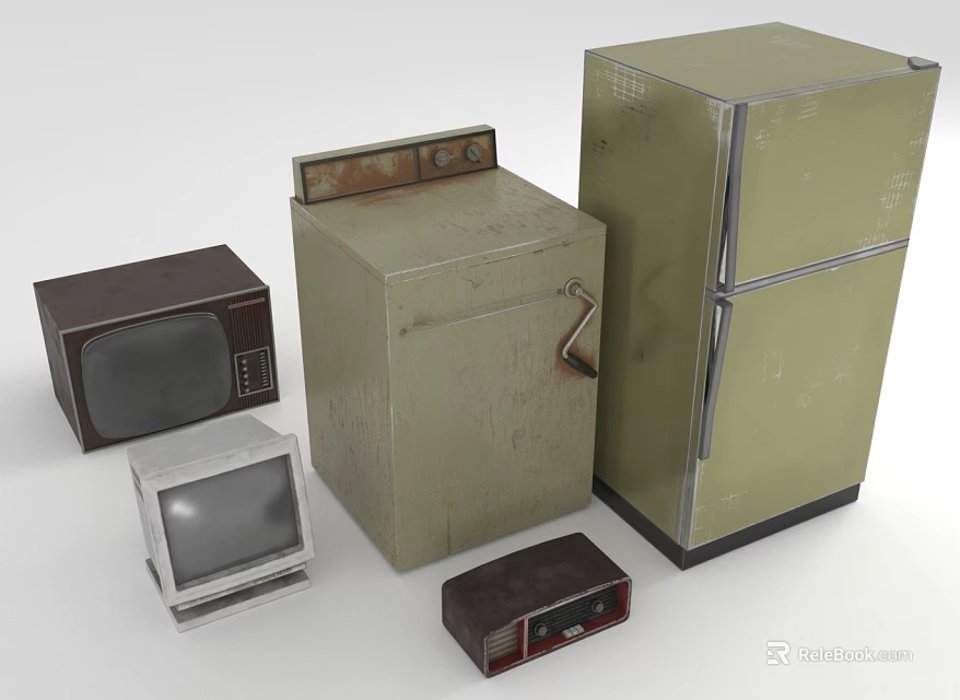 Vintage Retro Electronic Appliances Collection Featuring Old Television Washing Machine Refrigerator And Radio 3d model 