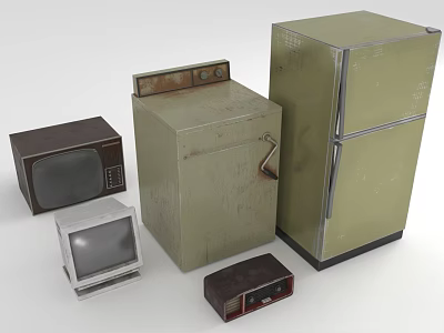 Vintage Retro Electronic Appliances Collection Featuring Old Television Washing Machine Refrigerator And Radio 3d model