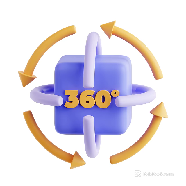 Decorative Ornament Set With 360 Degree Rotating Blue Cube Orange Arrows And Purple Rings 3d model 