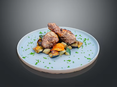 Roasted Chicken Drumsticks Served With Fresh Vegetables And Herbs On Light Blue Plate 3d model