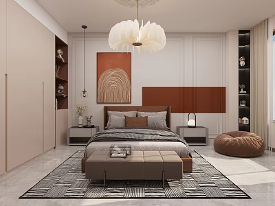Elegant Modern Bedroom Interior With Upholstered Bed Chandelier Area Rug And Decorative Art 3d model
