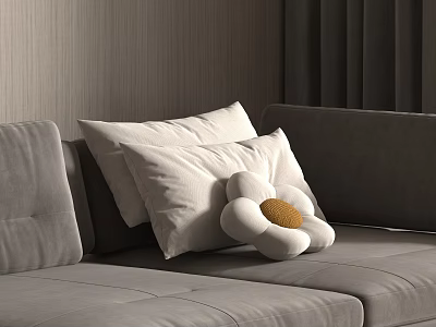 Cozy White Pillows And Flower Shaped Cushion With Yellow Center On Gray Sofa 3d model