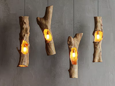 Wooden Branch Chandeliers with Natural Wood Design Illuminated Warm Lights Hanging on Gray Wall Background 3d model