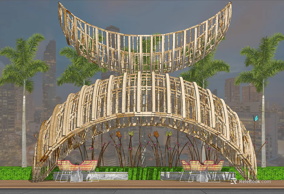 Modern Wooden Pergola Structure With Palm Trees And Seating Area 3d model 