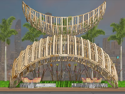 Modern Wooden Pergola Structure With Palm Trees And Seating Area 3d model