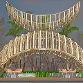 Modern Wooden Pergola Structure With Palm Trees And Seating Area