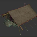 Ancient Tent Structure With Brown Roof Wooden Door Steps Support Poles And Ropes
