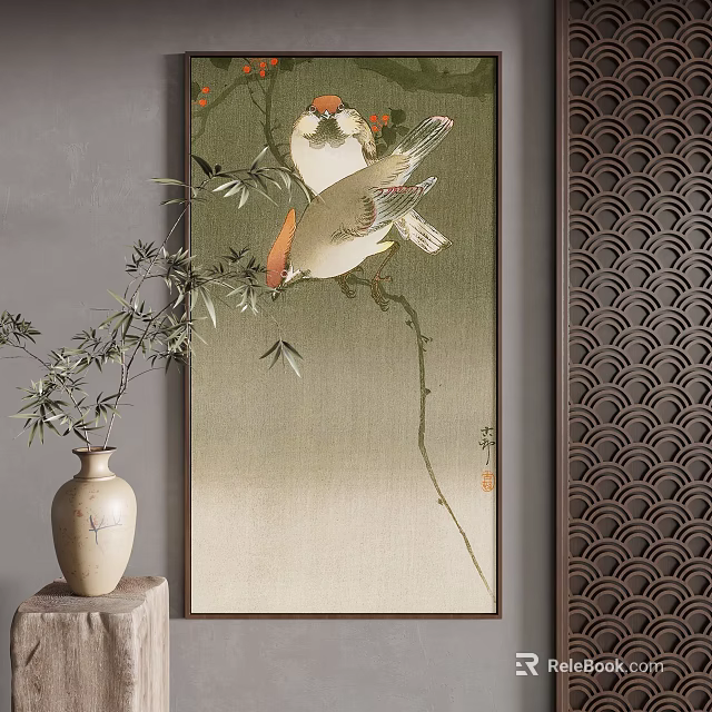 Chinese Traditional Landscape Painting With Birds And Bamboo 3d model 