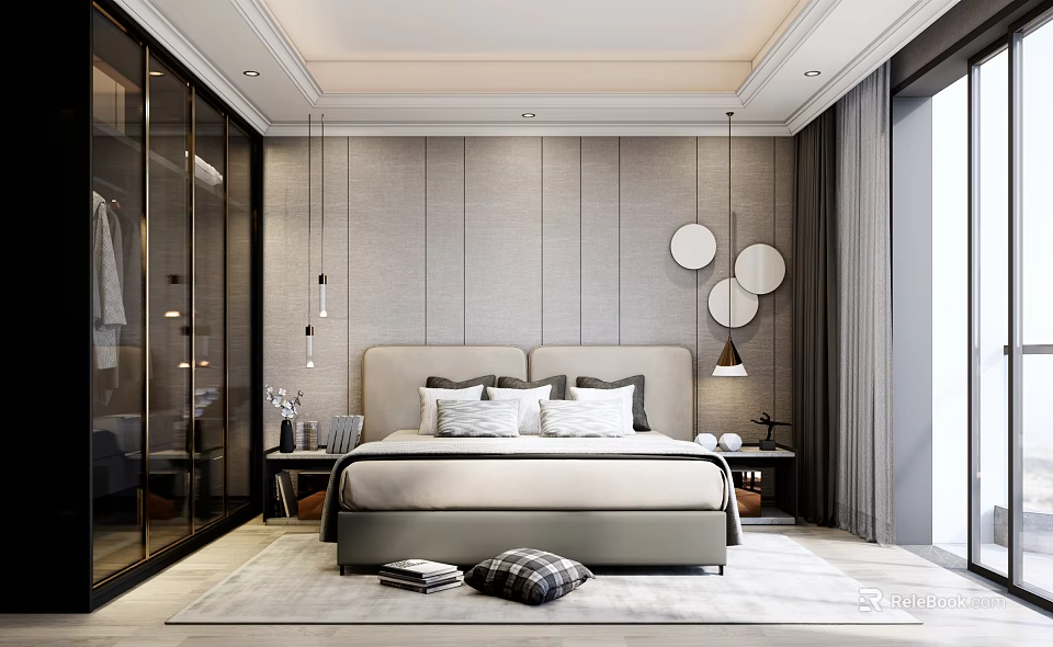 Elegant Modern Bedroom Interior Design With Upholstered Headboard Round Mirrors Recessed Lighting And Glass Wardrobe 3d model 