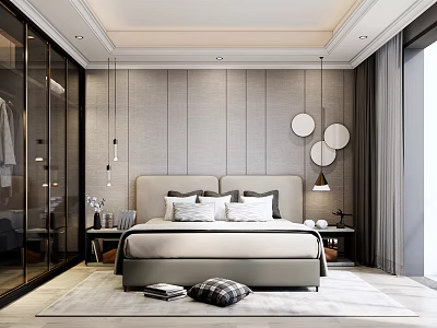 Elegant Modern Bedroom Interior Design With Upholstered Headboard Round Mirrors Recessed Lighting And Glass Wardrobe 3d model