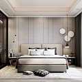 Elegant Modern Bedroom Interior Design With Upholstered Headboard Round Mirrors Recessed Lighting And Glass Wardrobe