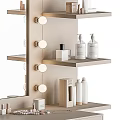 Modern Dressing Table With Light Bulb Mirror and Side Shelves Holding Cosmetics and Two Chairs