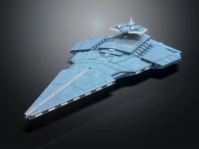 Detailed Blue Triangular Starship Model With Multi Layer Structure And Command Tower 3d model