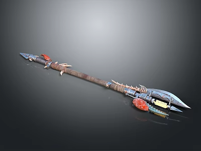 Ornate Tribal Style Spear Weapon Design With Decorative Metal Head Feather Accents And Wooden Handle 3d model