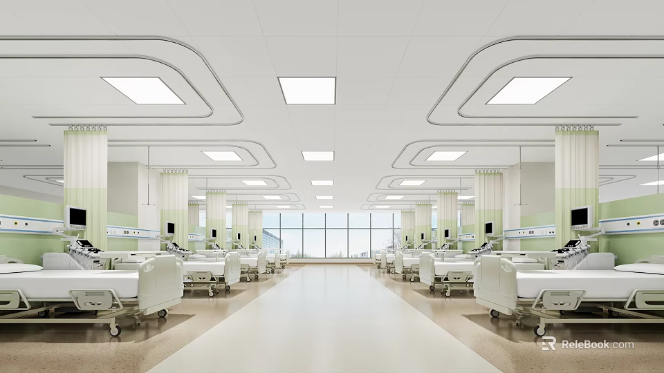 Hospital Outpatient Ward Interior With Beds Medical Equipment And Lighting 3d model 