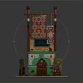 Cartoon Style Two Story Building Scene With Yellow Green Walls Colorful Cloths And Patterned Rug