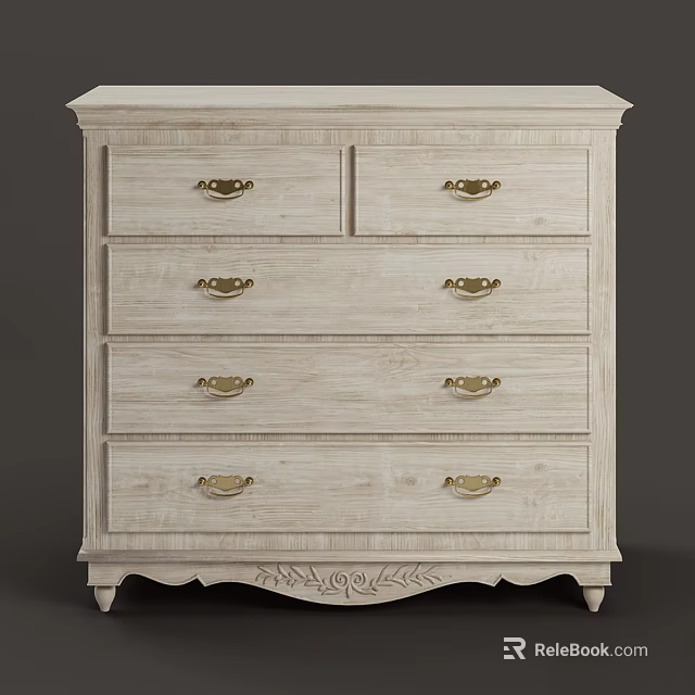 Whitewashed Wood Vintage Dresser With Multiple Drawers Golden Handles And Carved Base 3d model 