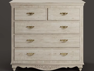 Whitewashed Wood Vintage Dresser With Multiple Drawers Golden Handles And Carved Base 3d model