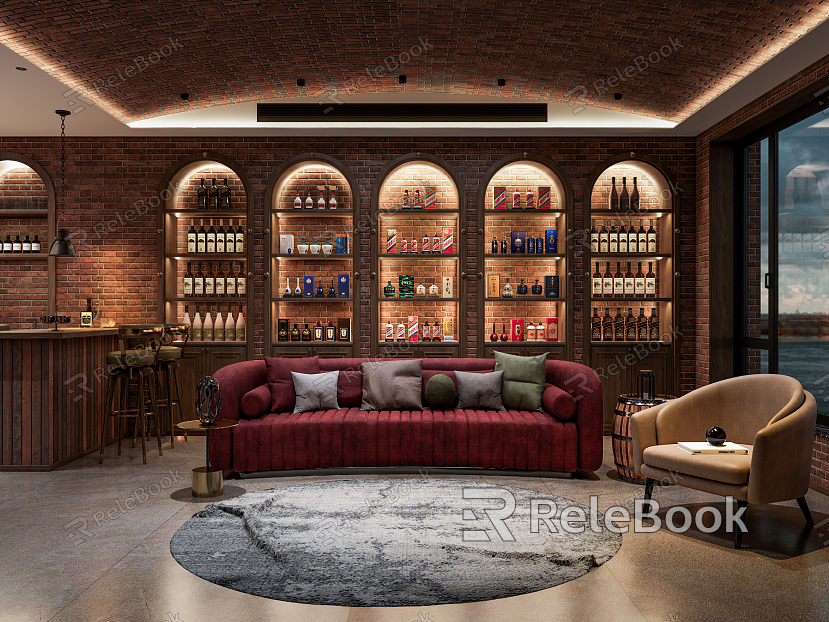 American Style Wine Cellar Bar Wine Tasting Area Industrial Style Liquor Famous Wine Combination Red Wine Combination Barware Bar Counter Area Meeting Area Sofa Combination Bar Chair model