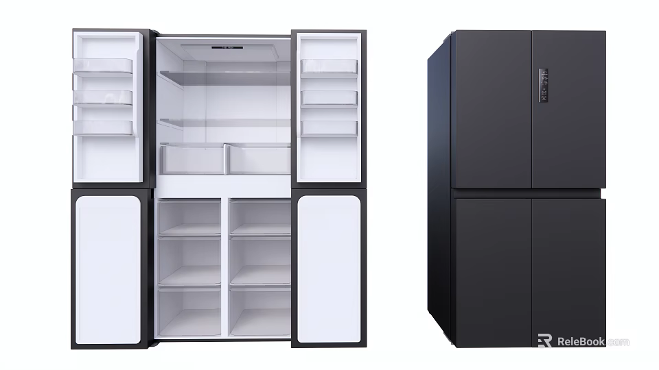 Modern Double Door Refrigerator Freezer With Open Interior Shelves And Black Exterior 3d model 