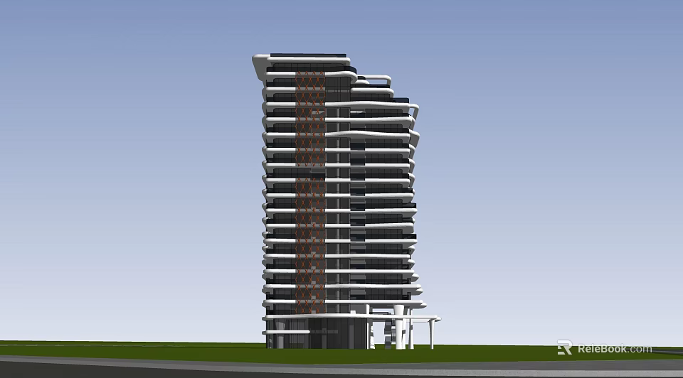 Modern High Rise Residential Tower With Glass Facade Balconies And Green Lawn 3d model 