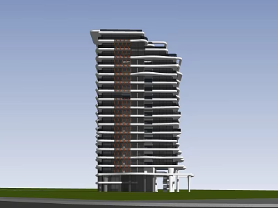 Modern High Rise Residential Tower With Glass Facade Balconies And Green Lawn 3d model