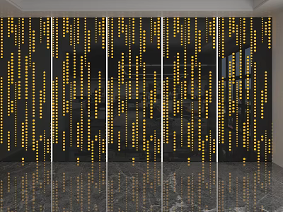 Black Background Wall Featuring Golden Dot Vertical Patterns Multiple Panels and Marble Reflective Floor 3d model