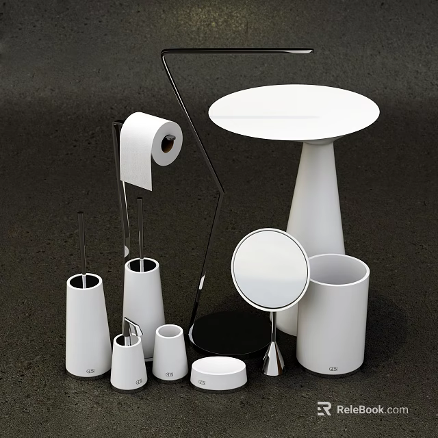 Modern White Bathroom Accessories Set Including Tissue Holder Mirror And Containers 3d model 
