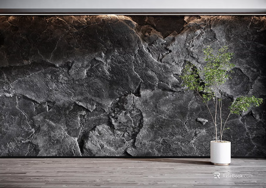 Dark Marble Textured Background Wall Interior Design With White Planter Green Plant On Wooden Floor 3d model 
