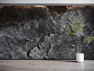 Dark Marble Textured Background Wall Interior Design With White Planter Green Plant On Wooden Floor 3d model