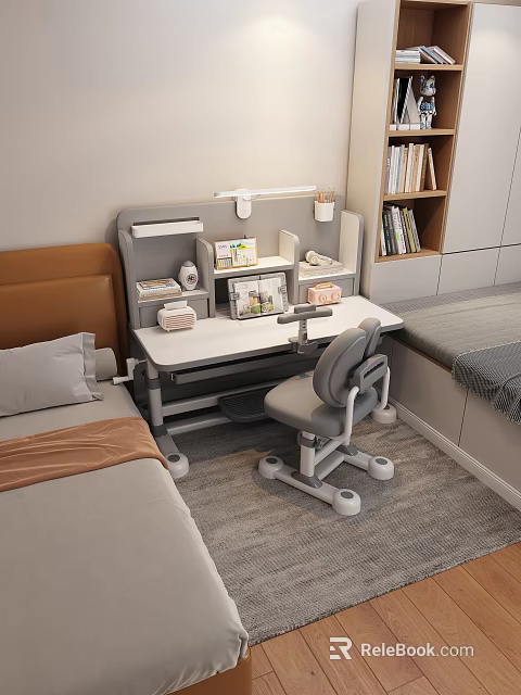Children's Study Desk With Chair Desk Lamp Storage And Bookshelf 3d model 