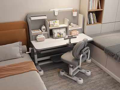 Children's Study Desk With Chair Desk Lamp Storage And Bookshelf 3d model