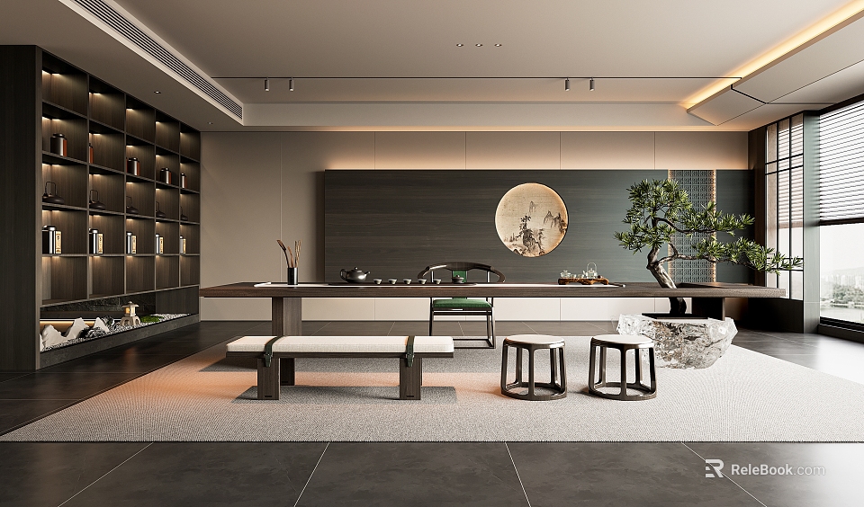 Modern Tea Room Interior With Long Table Bookshelves Circular Art And Bonsai Plant 3d model 