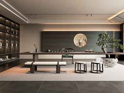 Modern Tea Room Interior With Long Table Bookshelves Circular Art And Bonsai Plant 3d model
