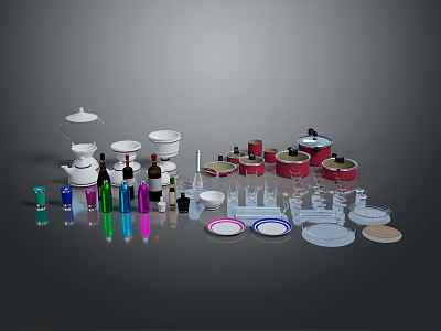 Essential Household Items Collection With Teapots Bottles Jars Plates And Containers 3d model
