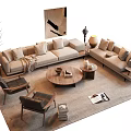 Modern Sofa and Coffee Table Set With Beige Cushions Accent Chairs and Wall Art Decor