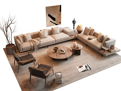Modern Sofa and Coffee Table Set With Beige Cushions Accent Chairs and Wall Art Decor 3d model