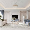 Luxury Living Room Interior Design With Crystal Chandelier White Sofa Blue Armchairs And Ornate Carpet