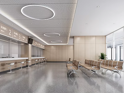 Modern Hotel Lobby Interior with Wooden Walls Circular Ceiling Lights and Waiting Seats 3d model