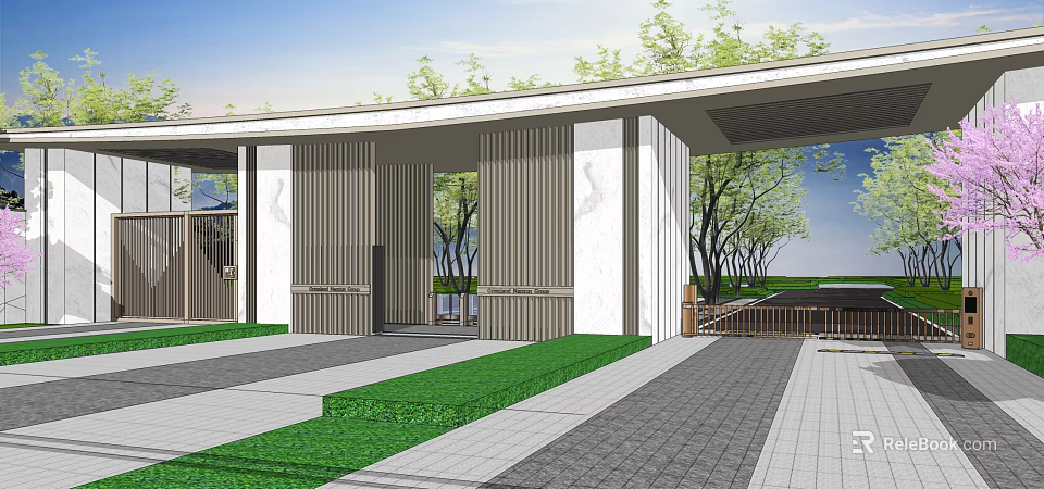 Modern Entrance Gate Design With Vertical Slats White Columns Green Lawn And Trees 3d model 